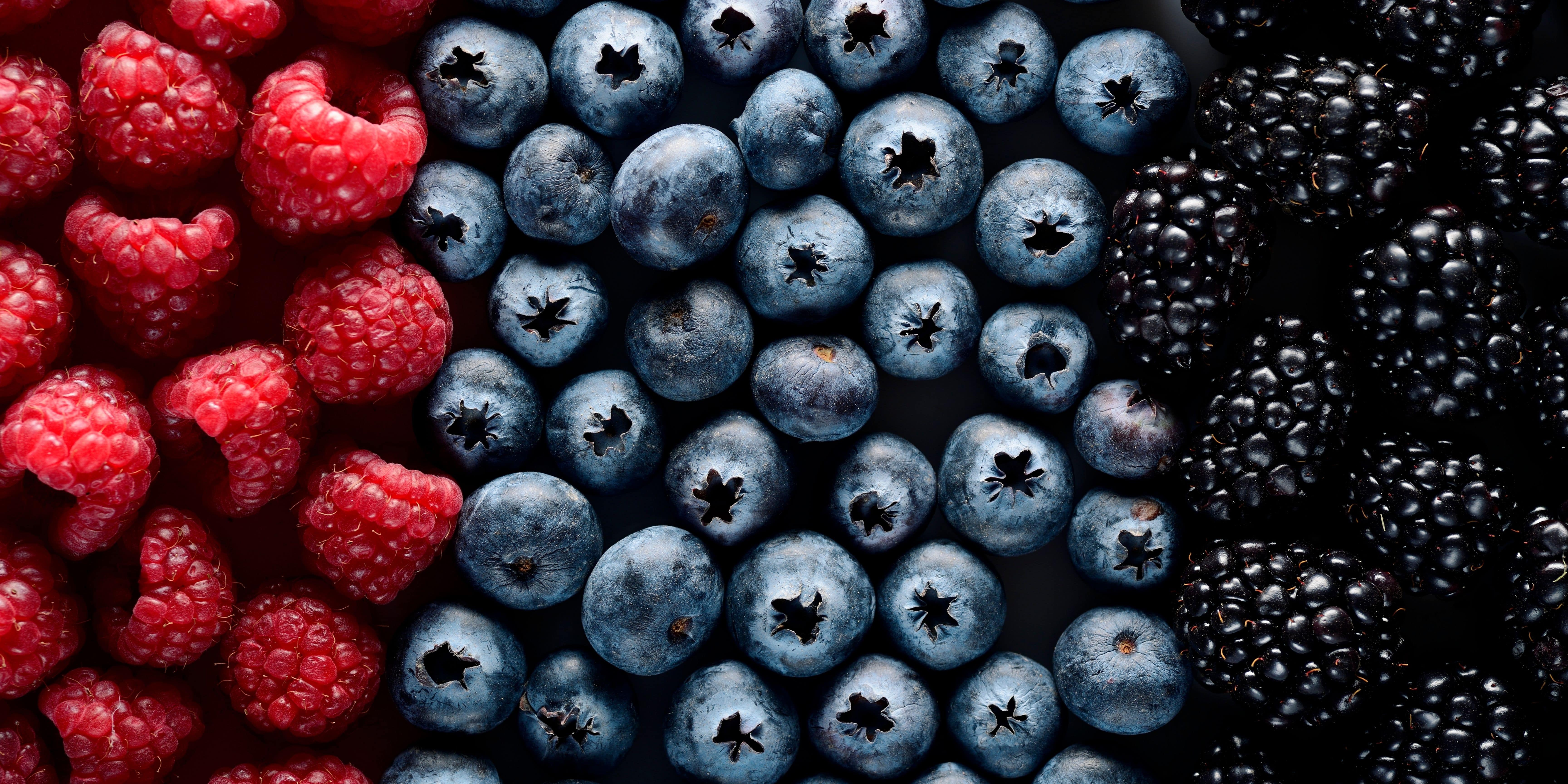 Fresh berries being stored - blueberries, blackberries and raspberries