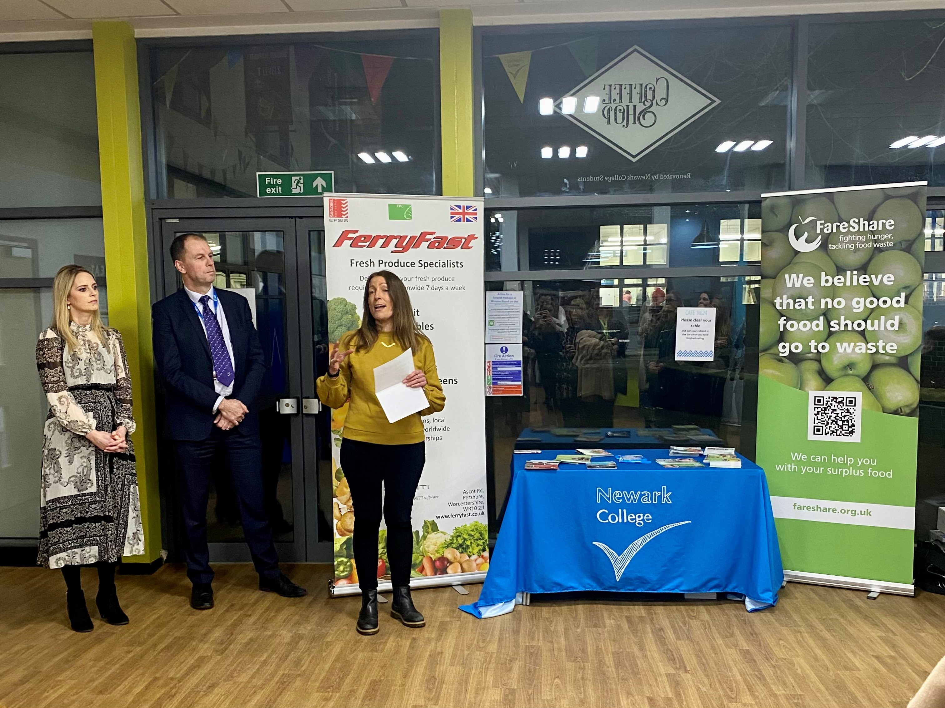 FareShare giving speach alongside Jess Latchford, director of Waste Knot and Mark Loxking, CEO & Principal of the Lincoln College Group